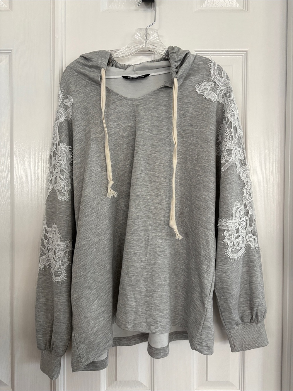 Davi & Dani soft Grey Lace Sleeve patch pullover Hoodie top Women’s PLUS SIZE 1X